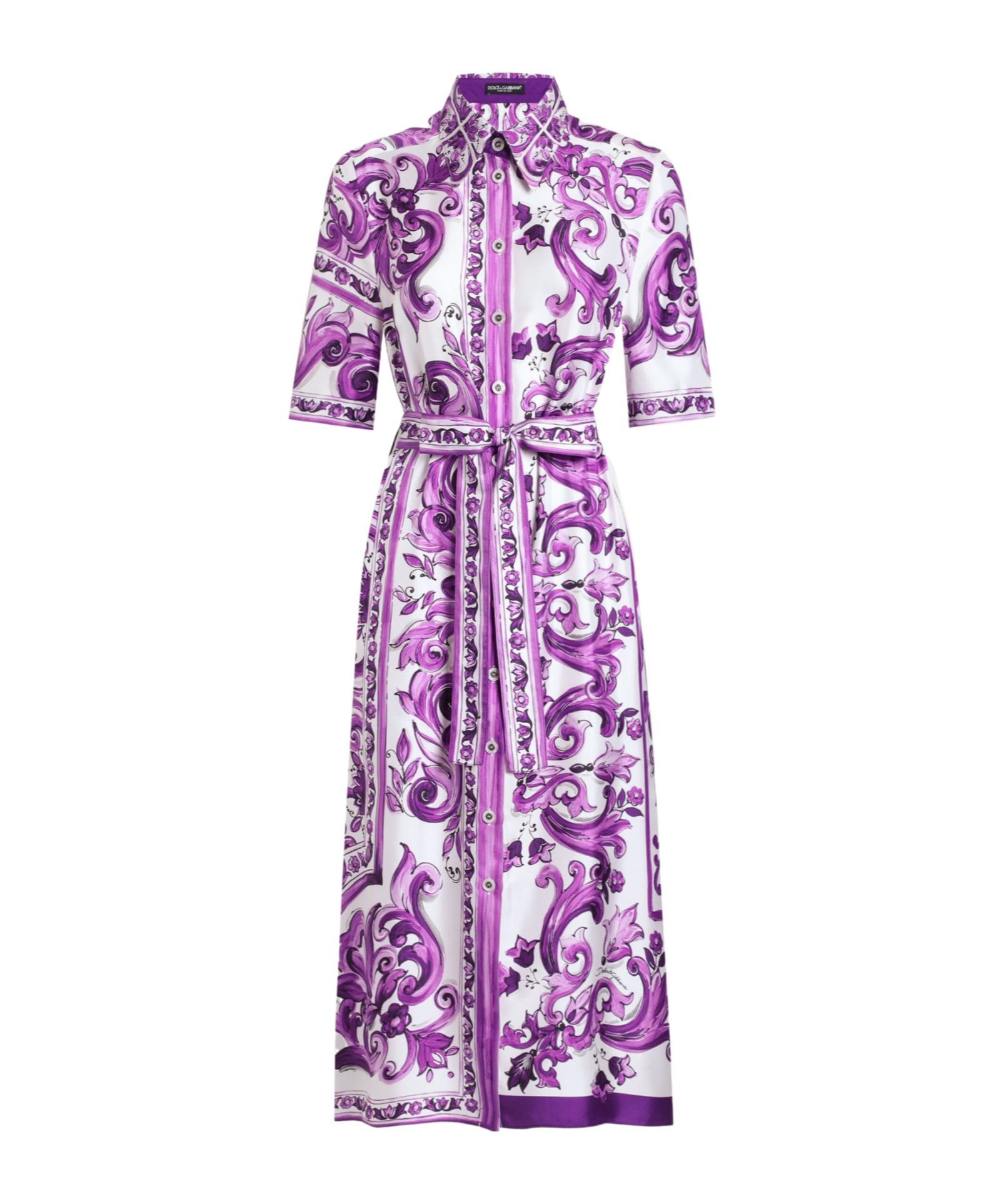 Dolce & Gabbana Collar Dress With Waist Knot And Majolica Print In Purple