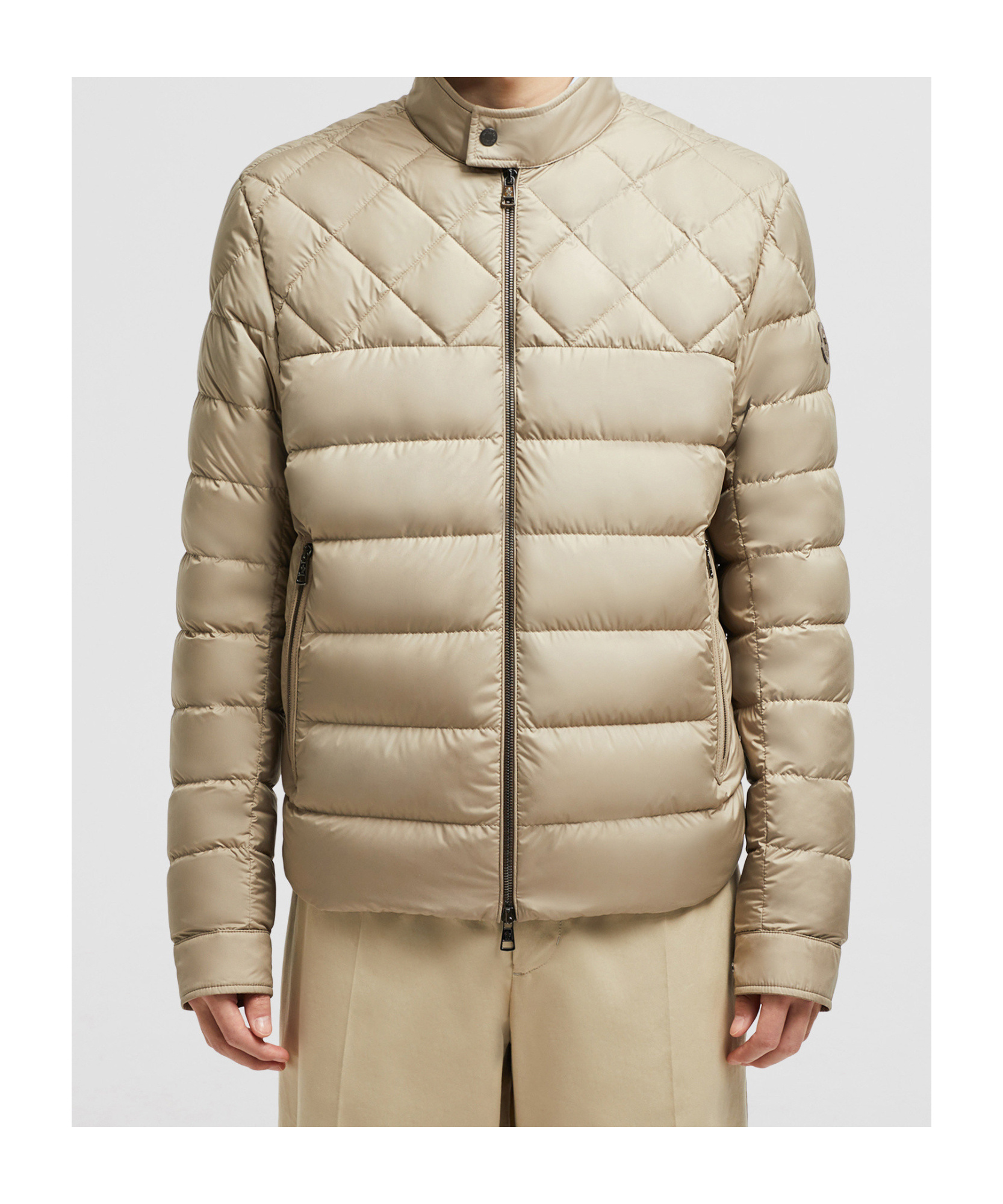 Moncler Tuile Leather-trimmed Down Biker Jacket In Nude