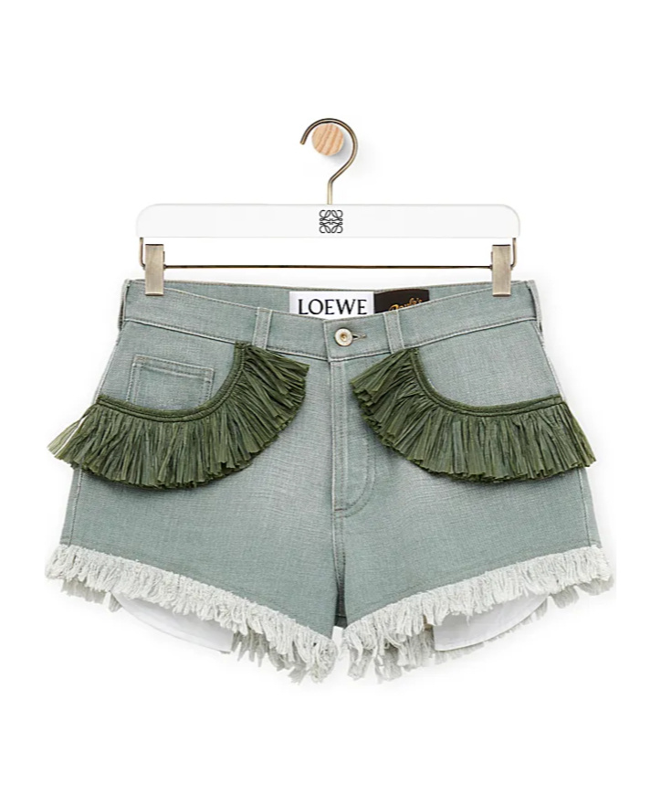 Loewe Frayed Denim Shorts In Green