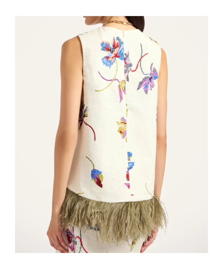 La Doublej Feather-trim Floral-print Top In White