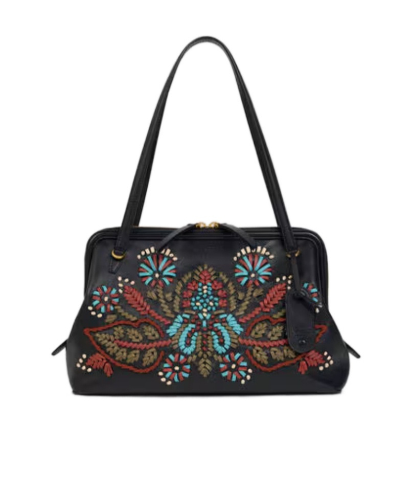 Etro Medium Leather Doc Shoulder Bag With Embroidery In Black