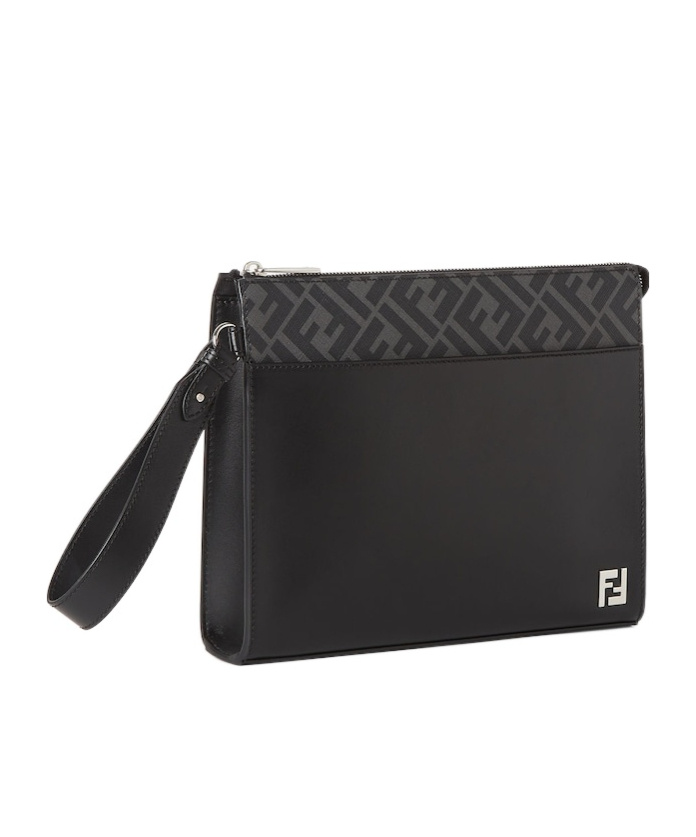Fendi Leather And Canvas Ff Squared Clutch Bags In Black