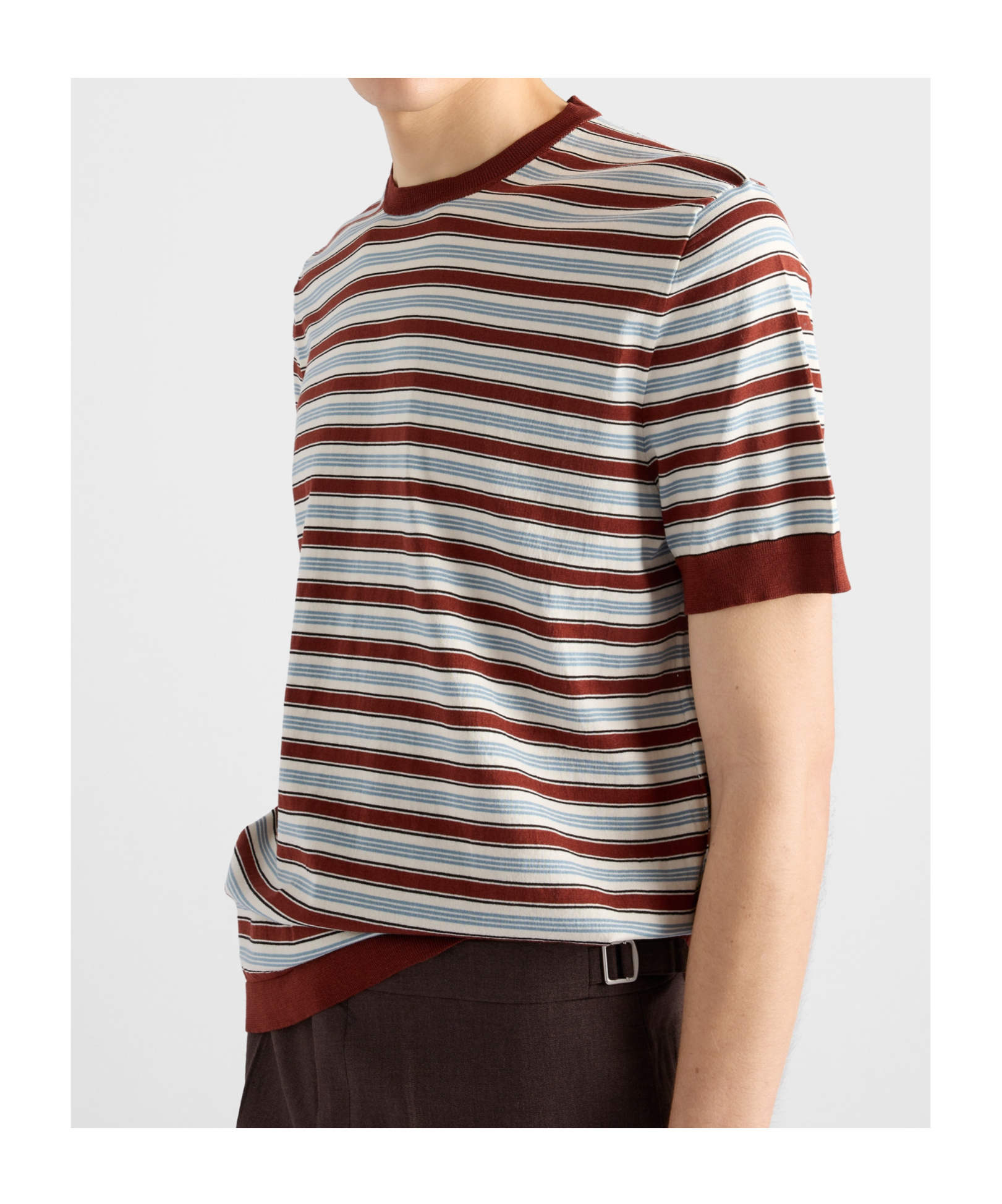 Prada Short-sleeved Striped Cotton Sweater In Brown