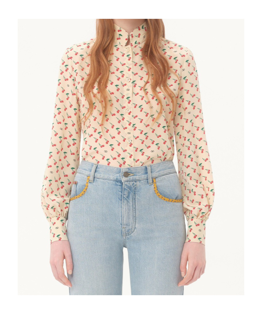 Valentino Crepe De Chine Shirt With Cherryfic Print In Neutral