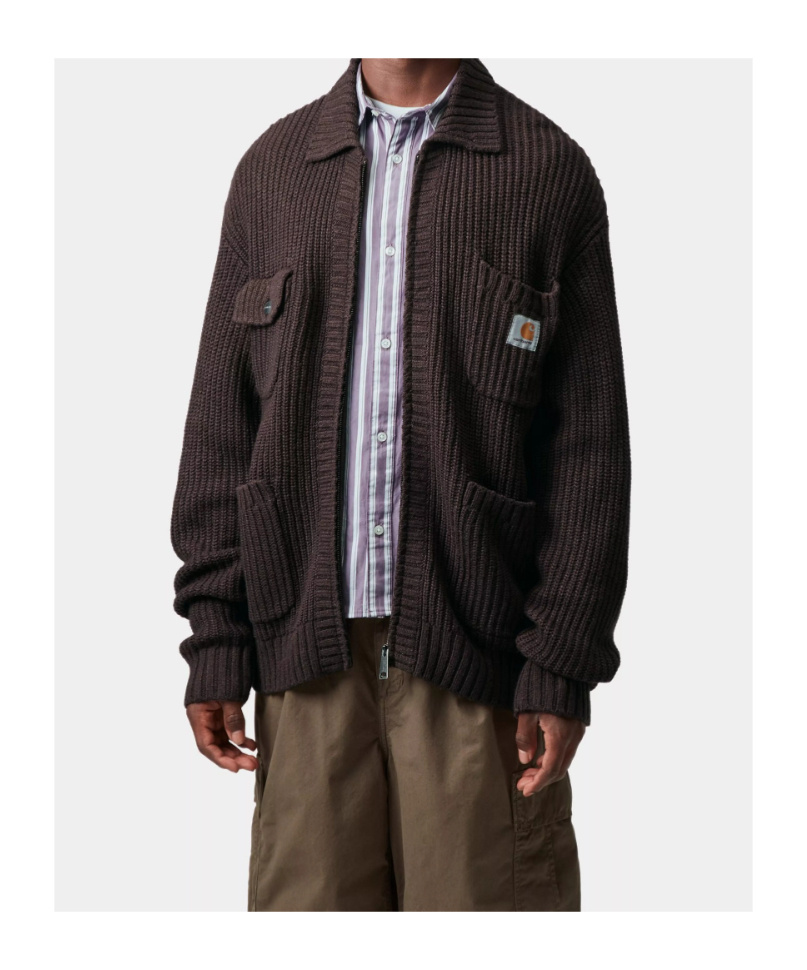 Carhartt Ip Mens Chore Logo-patch Knitted Wool-blend Cardigan Palisander In Brown