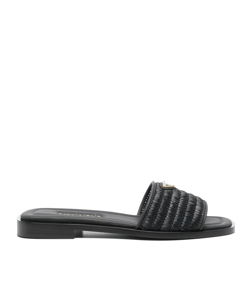 Prada Black Sandals With Woven Strap And Logo Accents In Black