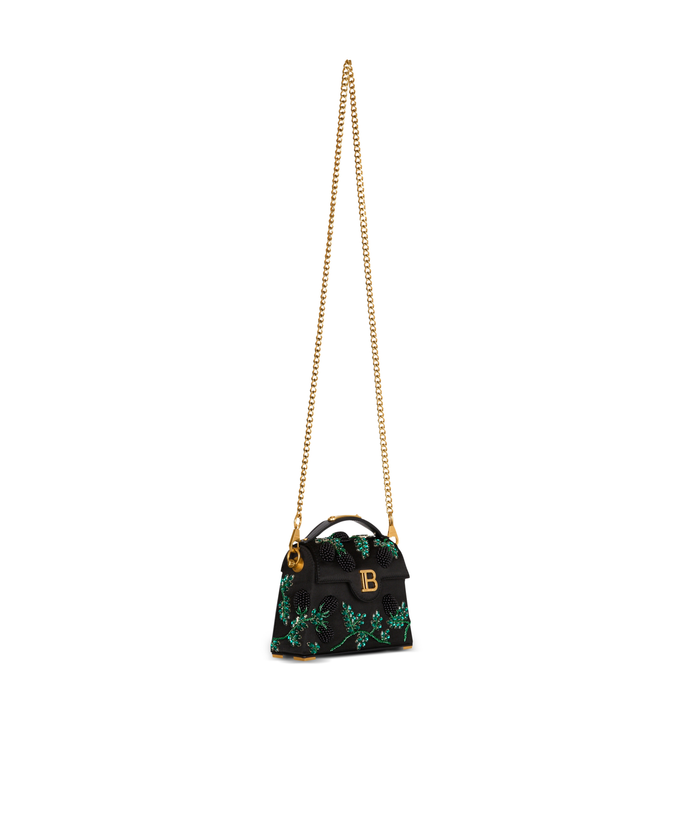 BALMAIN SMALL B-BUZZ DYNASTY BAG IN BLACKBERRY-EMBROIDERED SATIN
