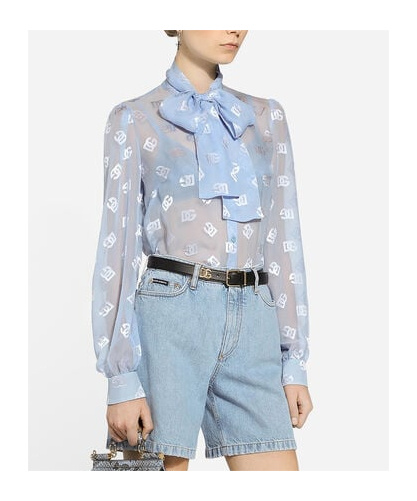 Dolce & Gabbana Pussy-bow Collar Semi-sheer Shirt In Blue