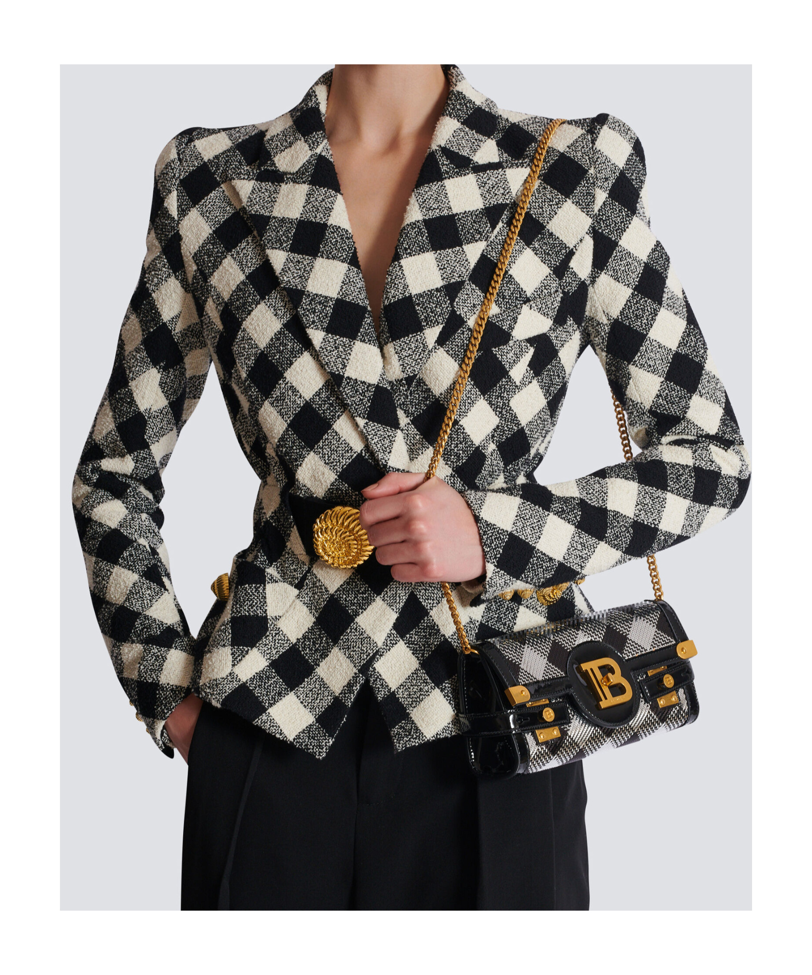 Balmain B-buzz Pouch 23 With Gingham Sequins And Patent Leather In Black