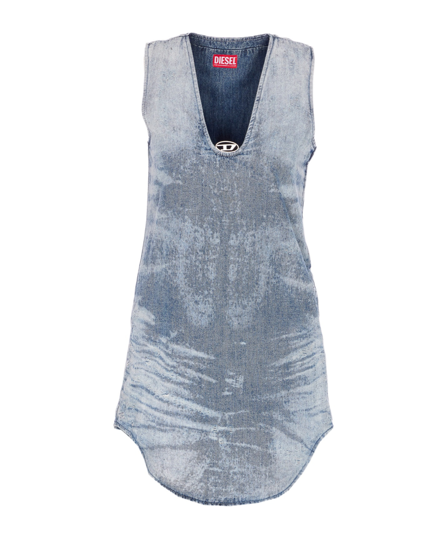 Diesel Sleeveless V-neck Distressed Denim Dress In Blue
