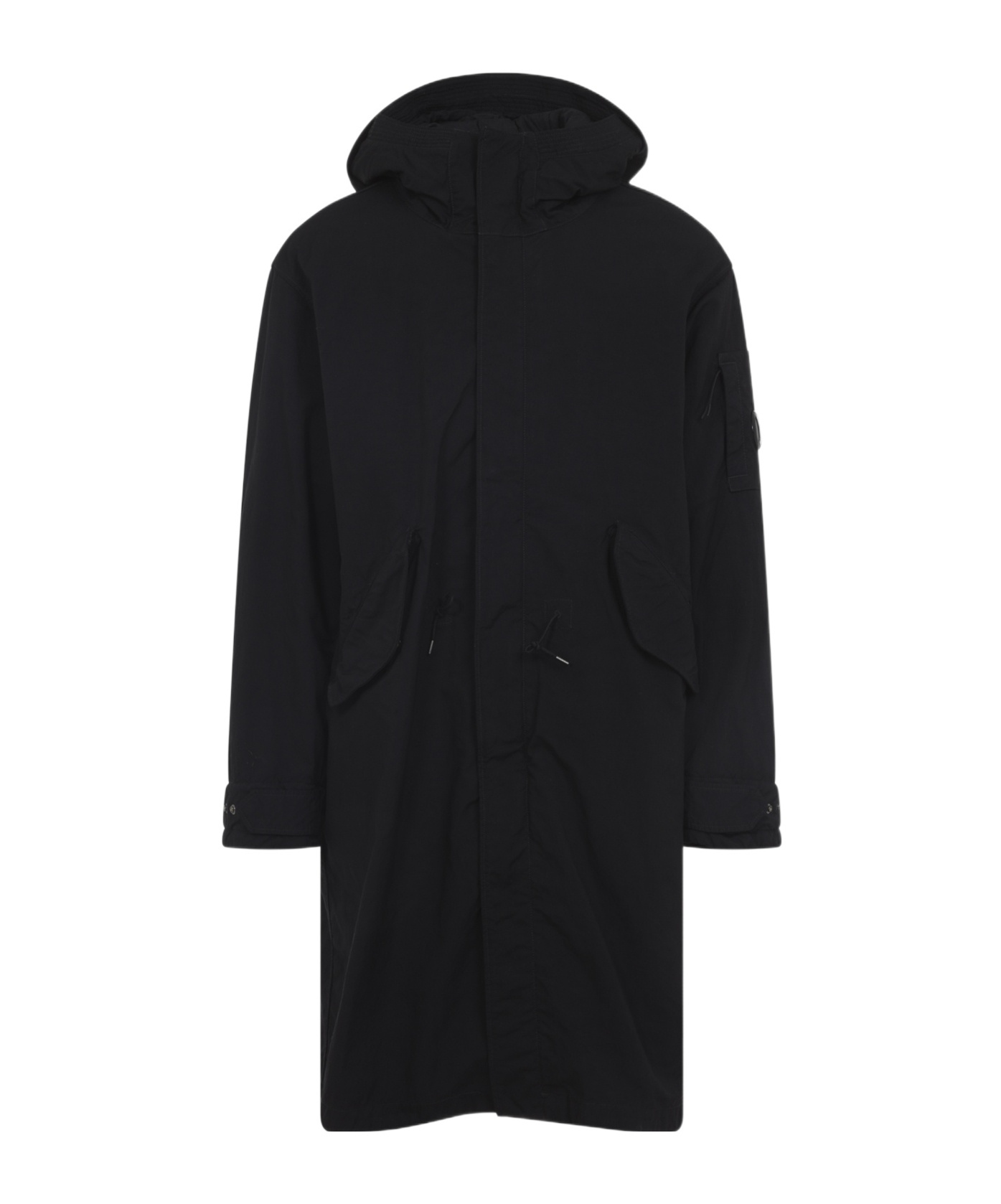 C.p. Company Long Jacket With Adjustable Cuffs And Hood In Black