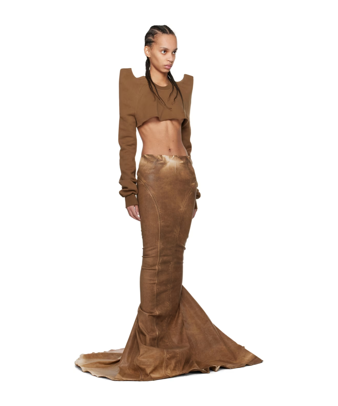 Rick Owens Drkshdw Al Pillar Denim Extra-long Skirt In Brown