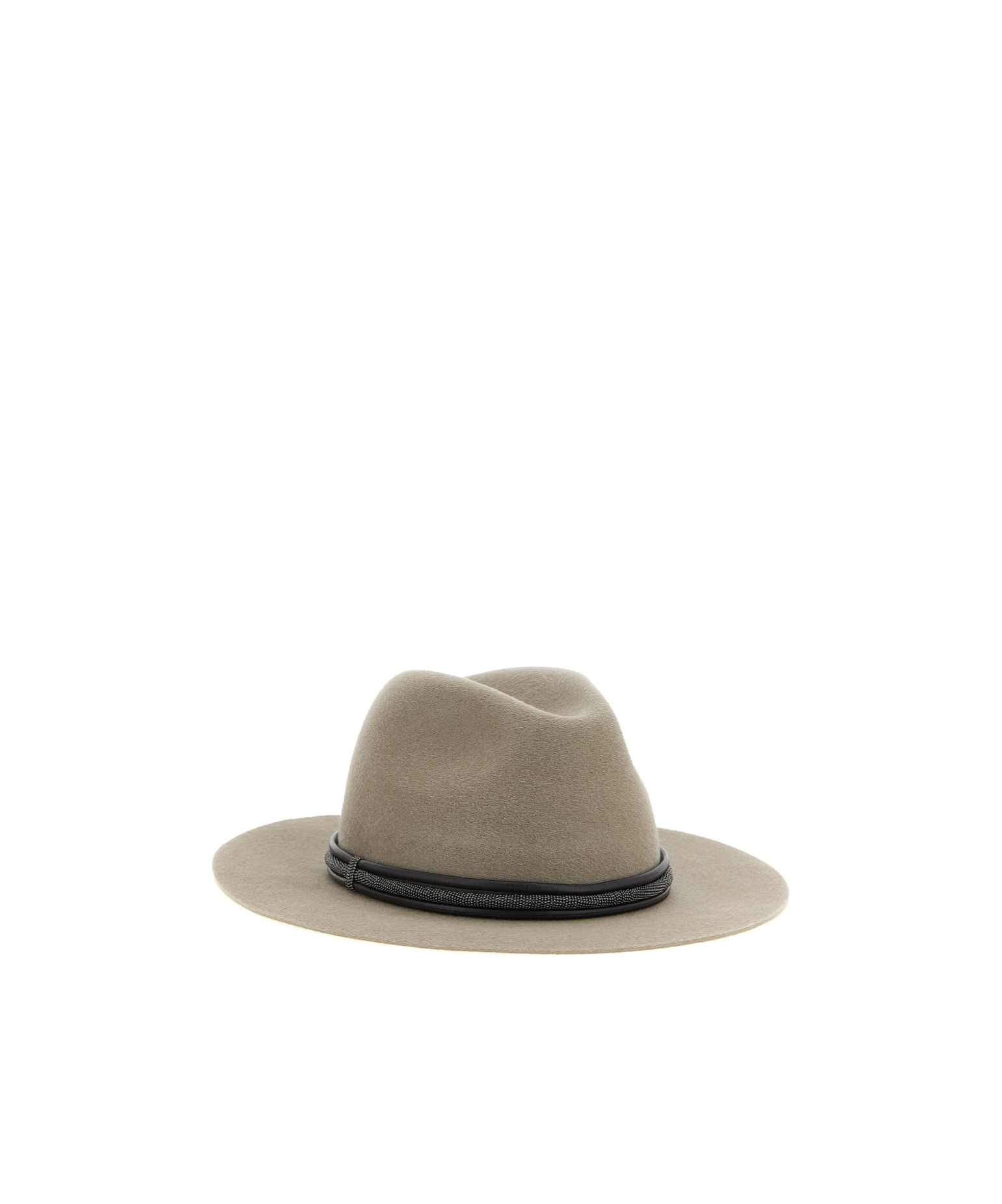 Brunello Cucinelli Fedora Hat With Tubular Leather Band And Monile Detail In Gray