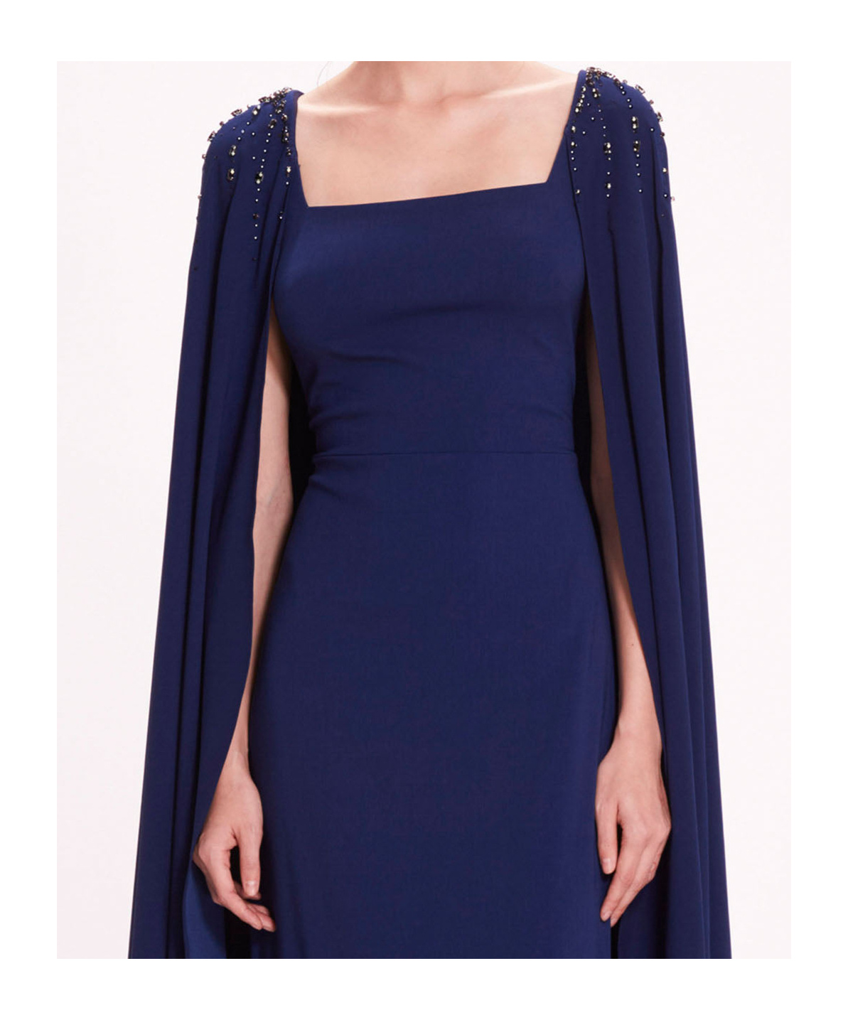 Marchesa Notte Caped Shoulders Crepe Gown In Blue