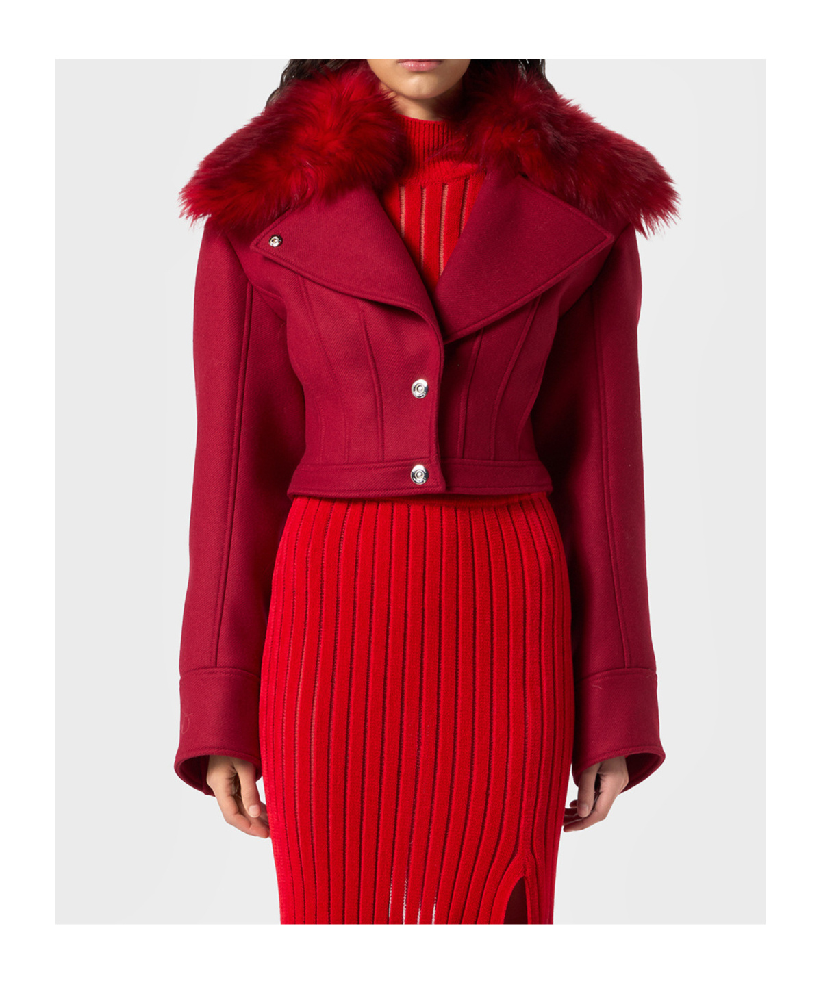 Blumarine Faux-fur-collar Cropped Jacket In Burgundy
