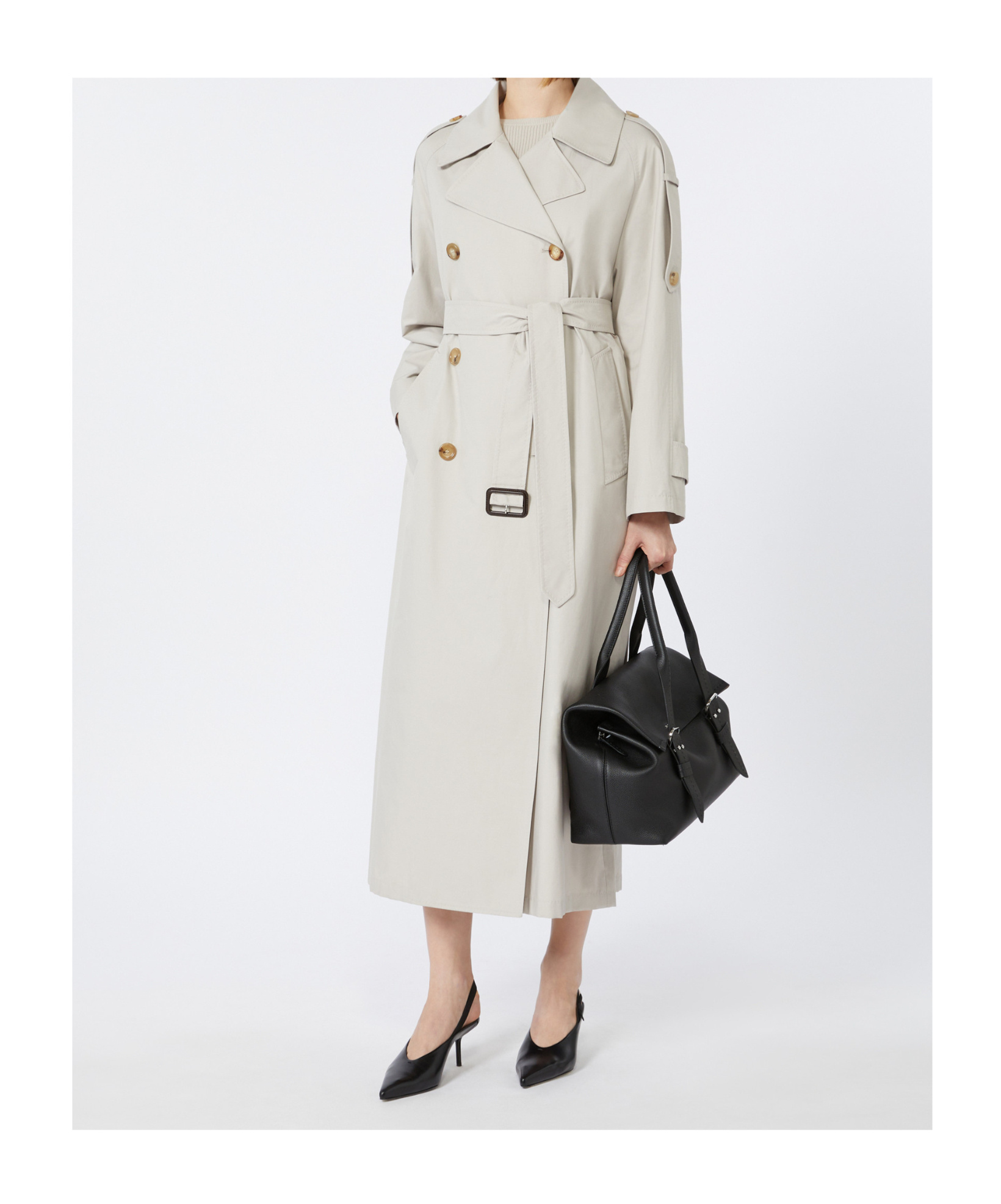 Max Mara Long Double-breasted Trench Coat In Water-repellent Cotton Twill In Brown
