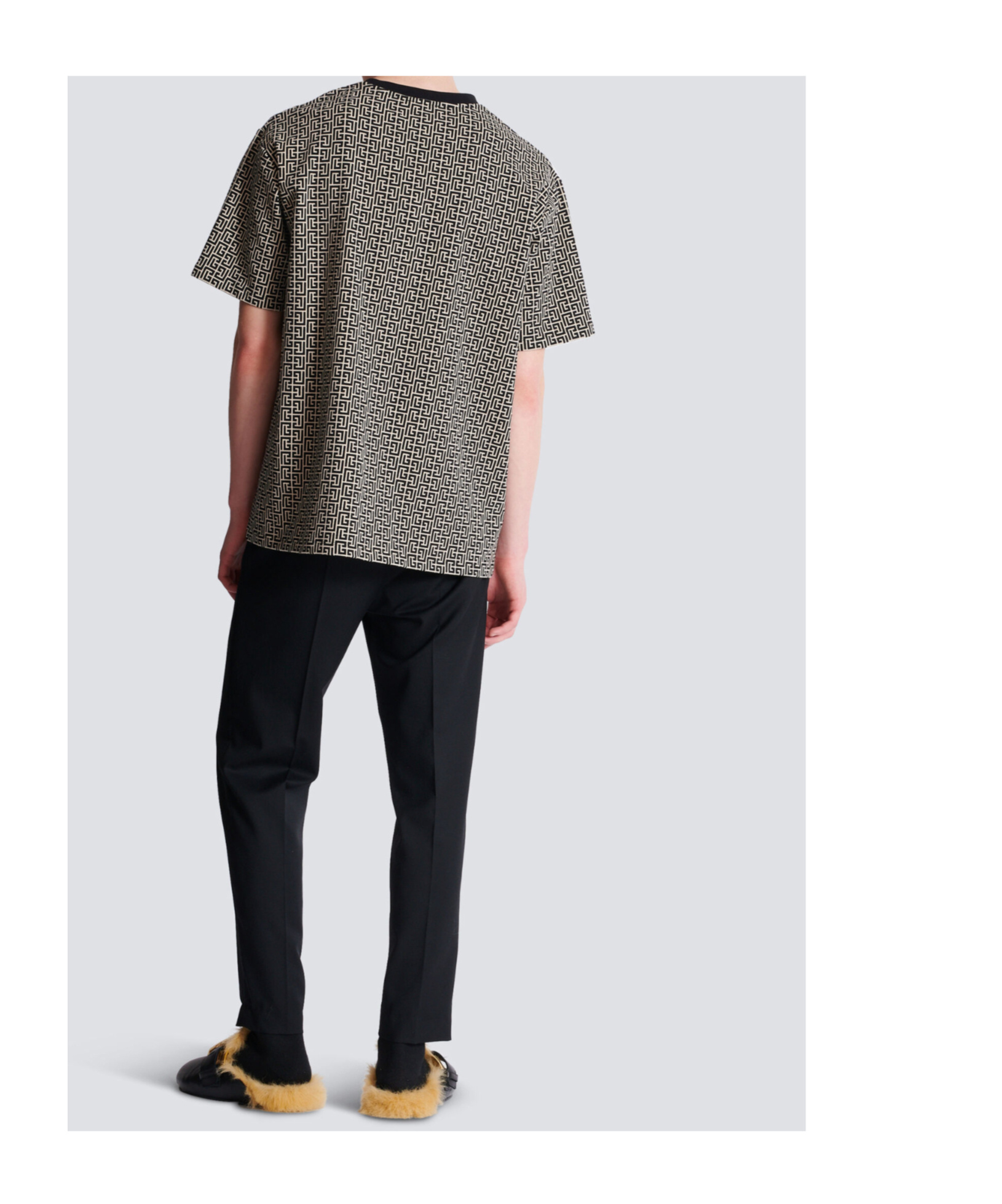 Balmain Grey T-shirt With Logo Applied On The Chest And All-over Labyrinth Motif In Cotton Man