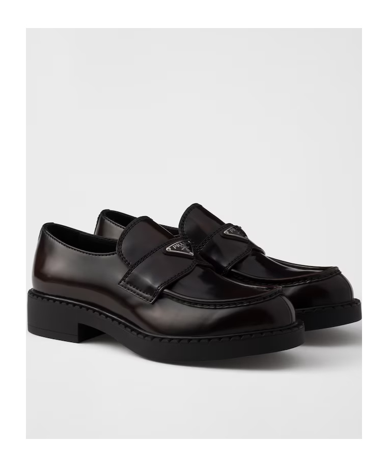 Prada Triangle Logo Chocolate Brushed Leather Loafers In Ochre