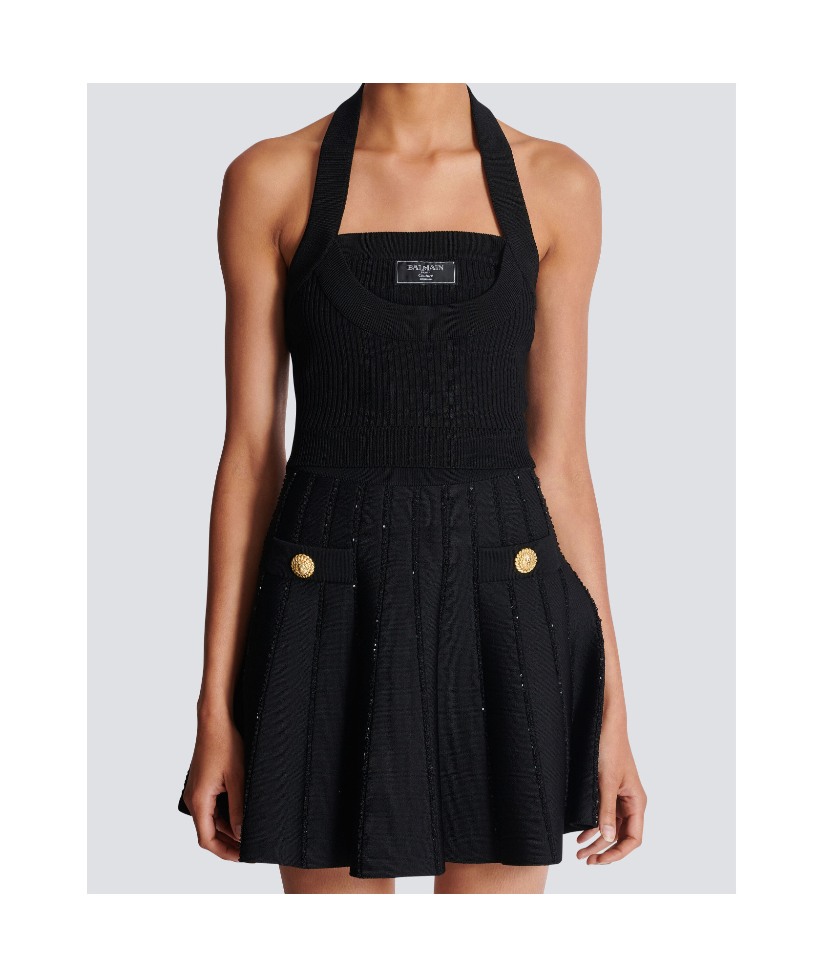 Shop Balmain Ribbed Knit Halterneck Top In Black
