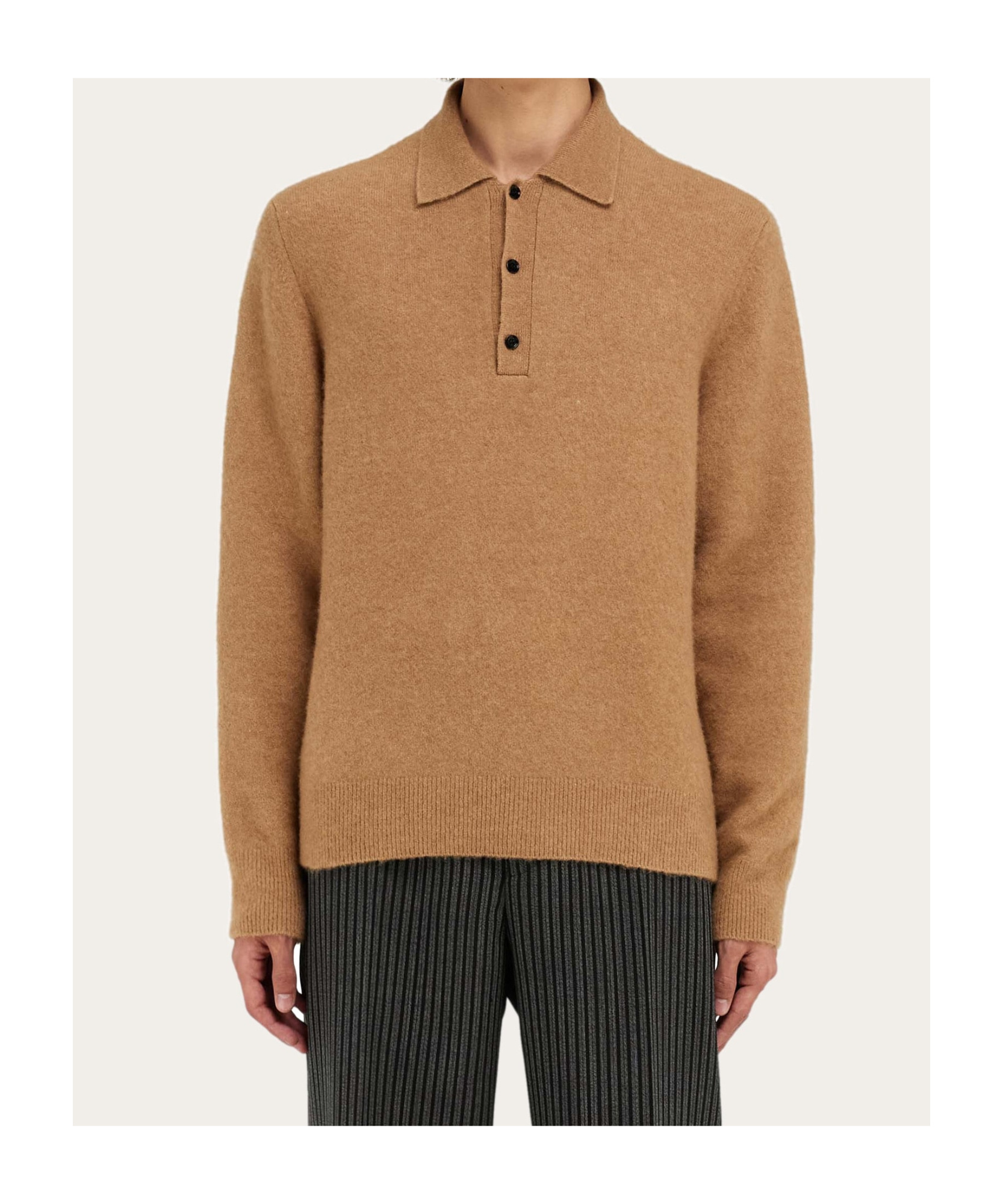 Ferragamo Long Sleeved Camel And Silk Polo Shirt In Brown