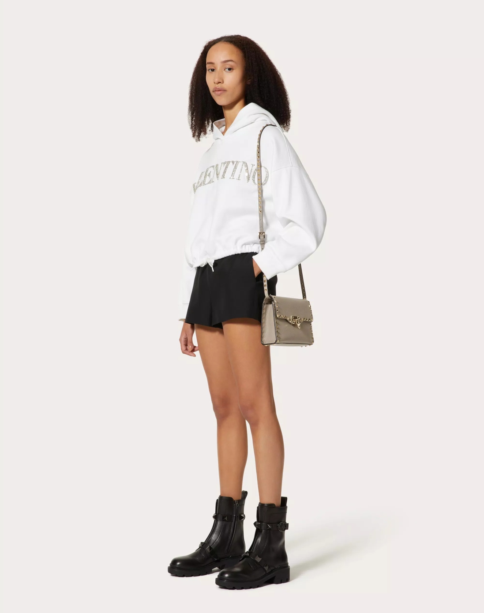 Valentino Calf Leather Rockstud Alcove Shoulder Bag In Nude