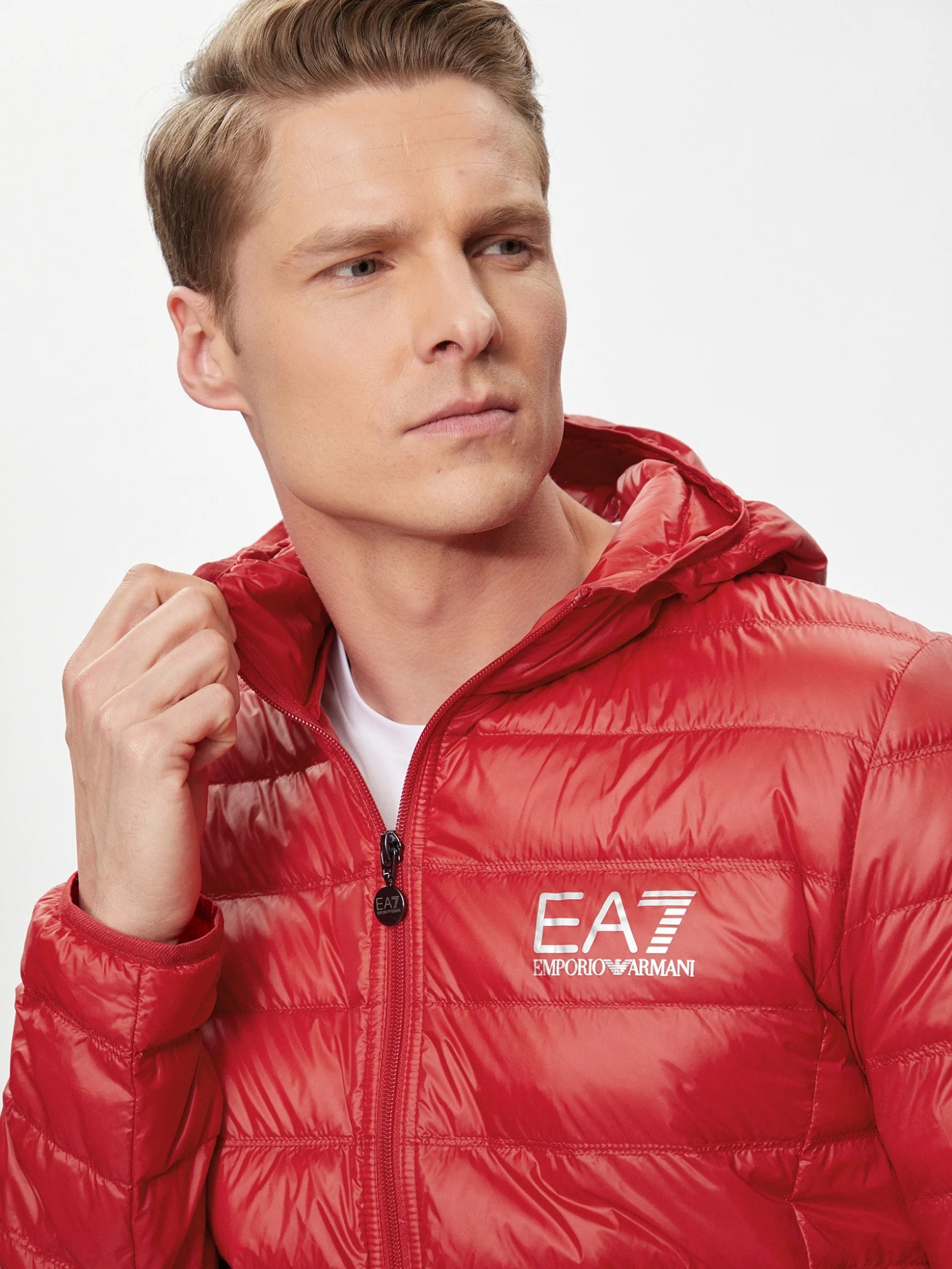 Ea7 Printed Hooded Down Jacket In Red