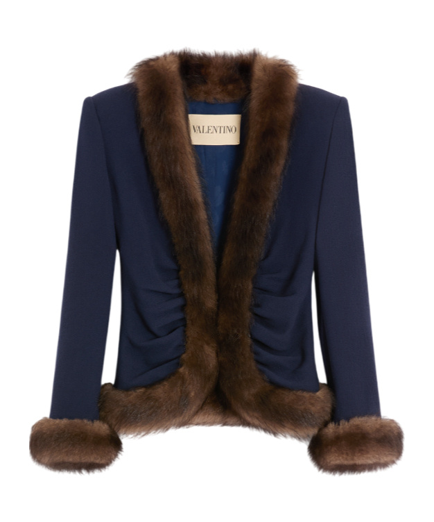 Valentino Fur-trimmed Crepe Blazer In Purple