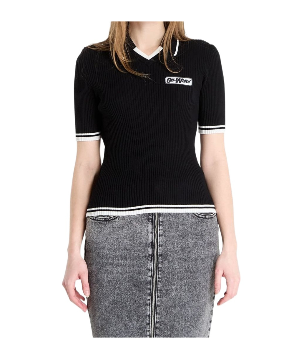 Off-white Ribbed Short-sleeve Top In Black
