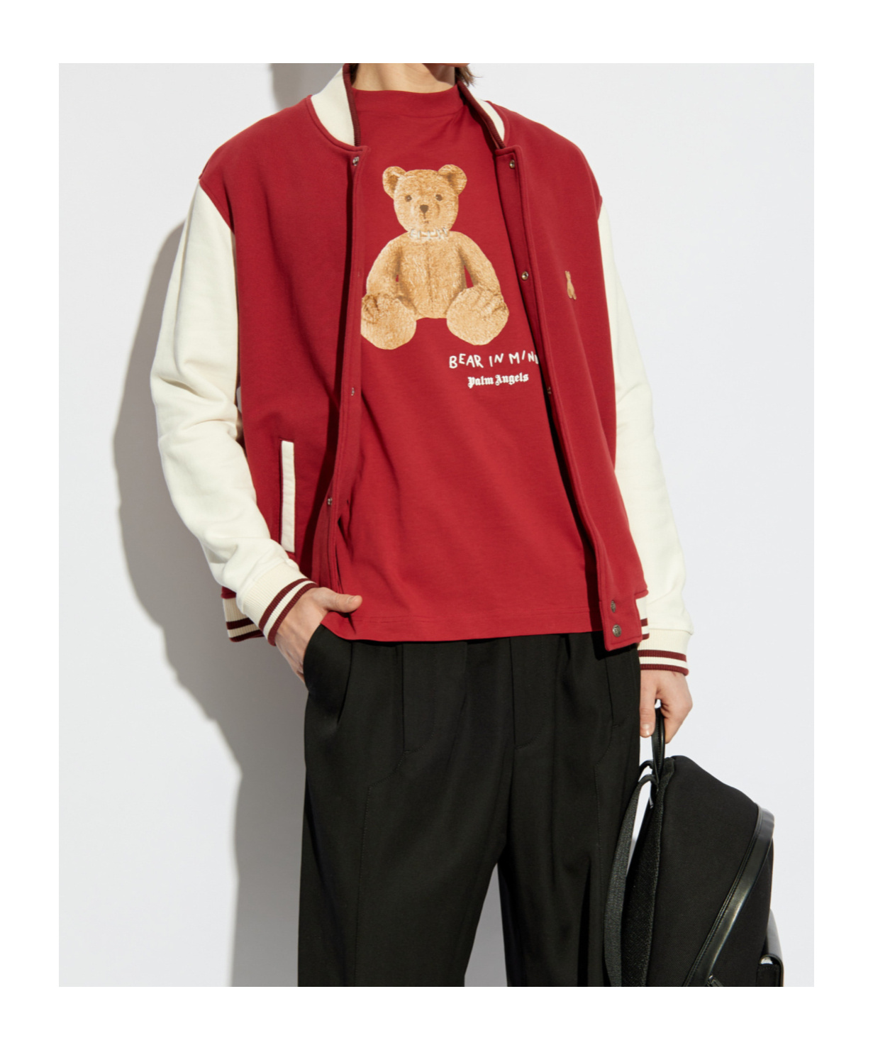 Palm Angels Red & White 'bear In Mind' Varsity Bomber Jacket In Red