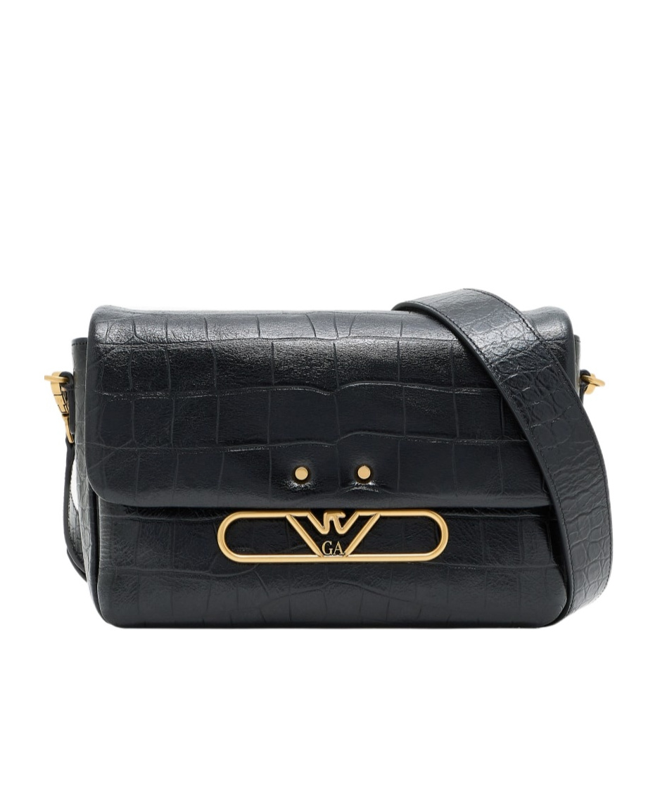 Emporio Armani Eagle Logo Leather Shoulder Bag In Black
