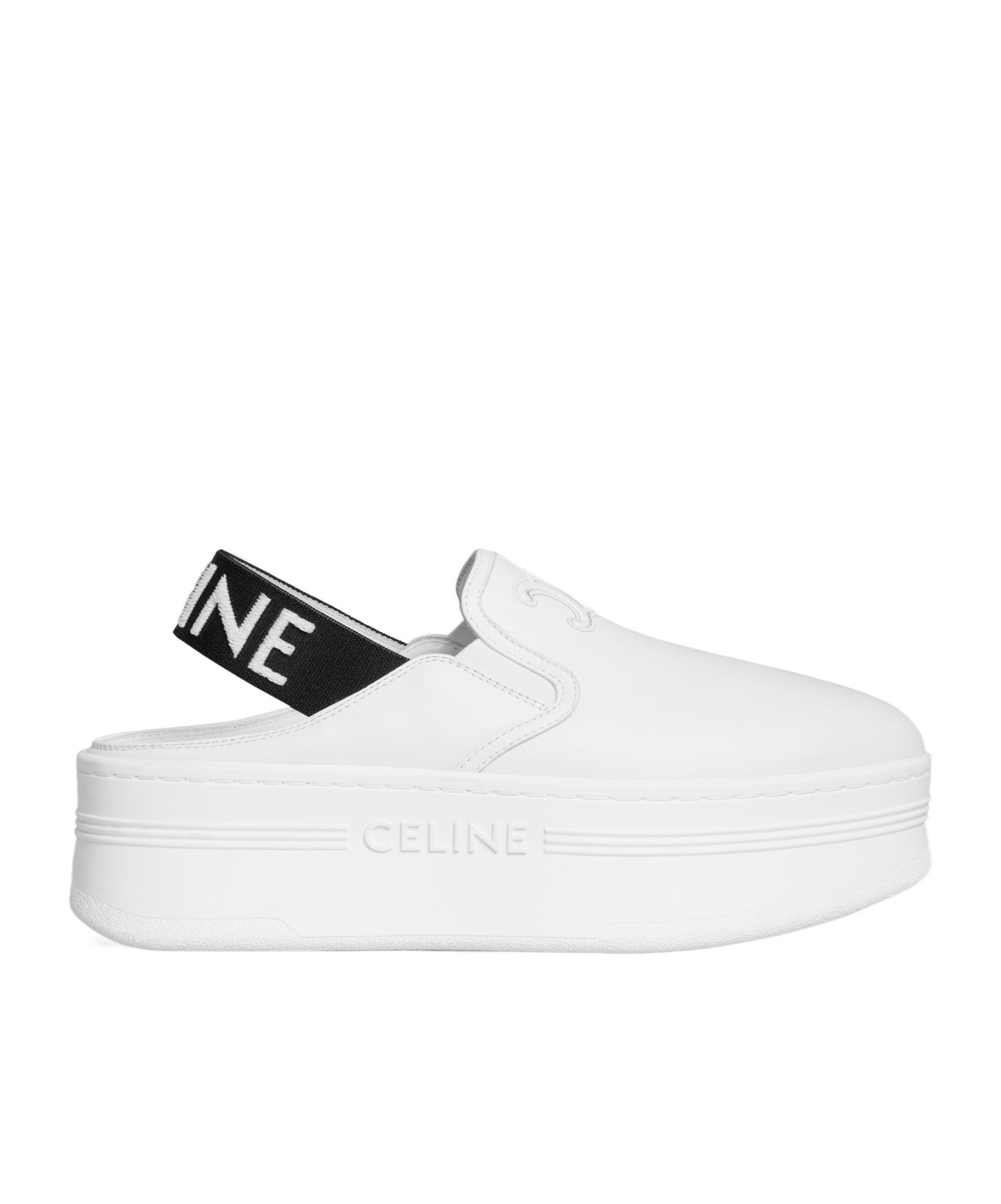 Celine Block Wedge Mule In Calfskin And Textile With Jacquard In Fluorescent White/black