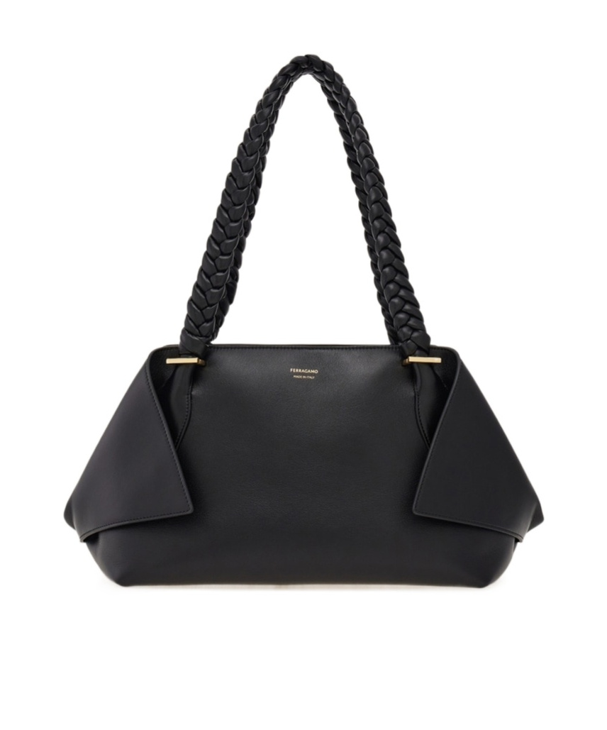 Ferragamo The Scarf Bag Black Shoulder Bag With Braided Handles And Folded Corners In Leather Woman In Black