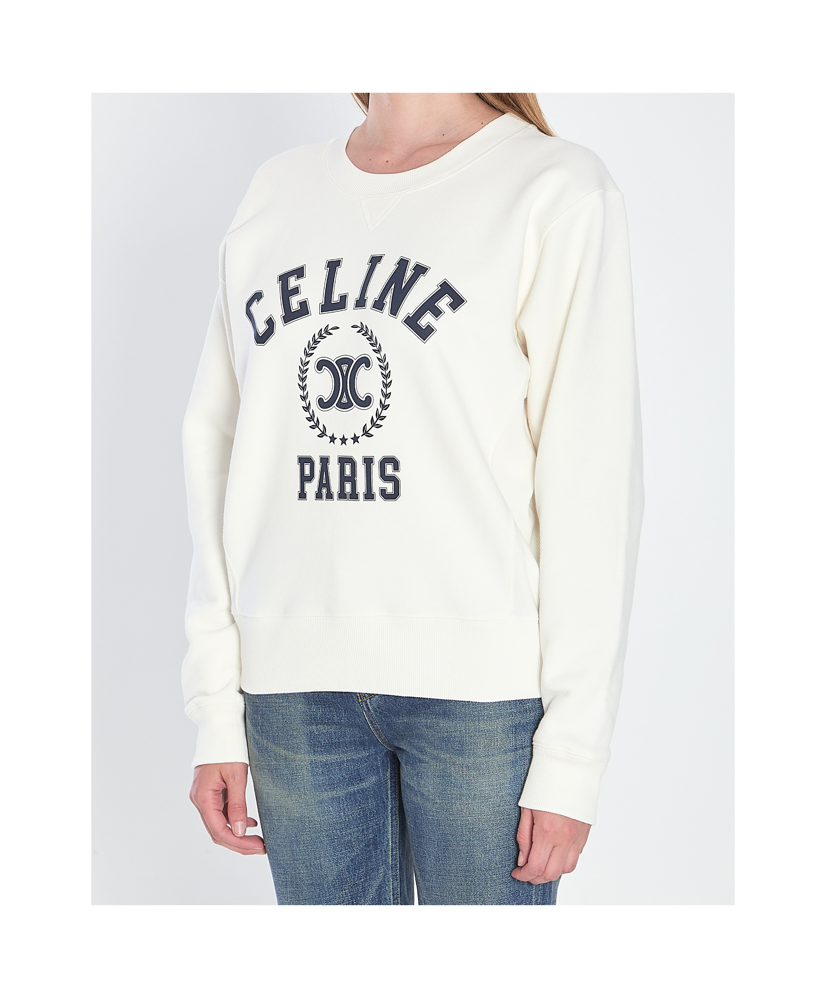 Celine Women Logo Cotton Sweatshirt In White