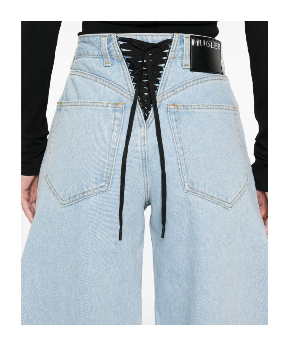 Mugler Lace-up Wide Leg Jeans In Blue