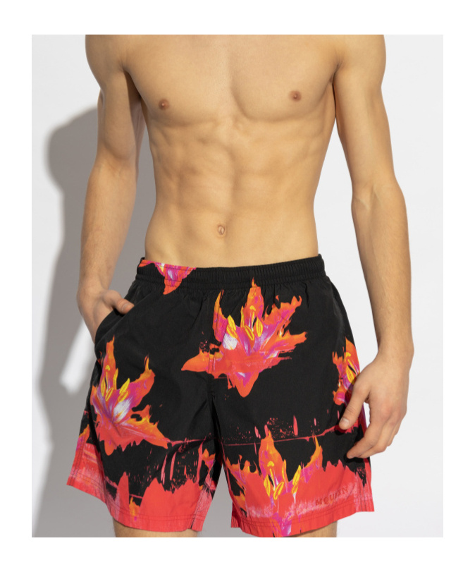 Alexander Mcqueen Lily Print Swim Shorts In Black