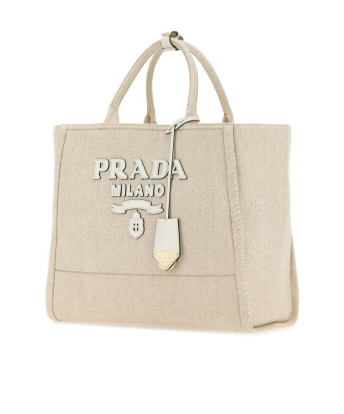 Prada Large Logo-appliqué Tote Bag In Tan / White