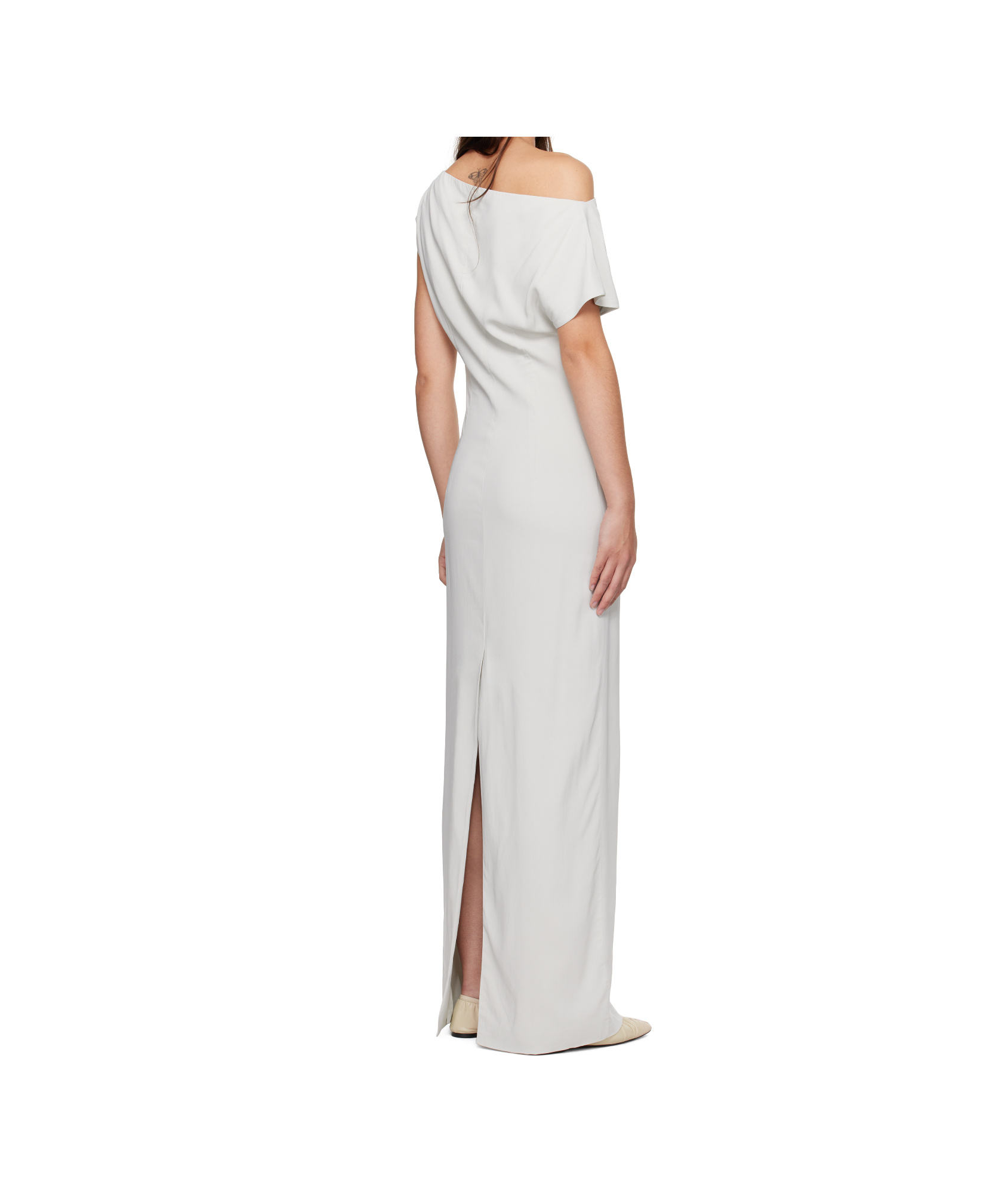 St Agni Gray Asymmetric Off Shoulder Midi Dress In White