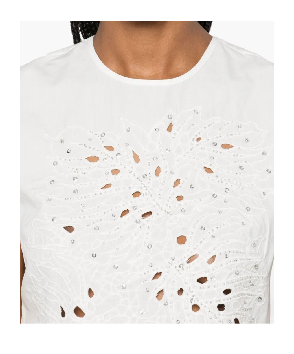 Pinko Crop Top With Openwork Embroidery And Crystals In White