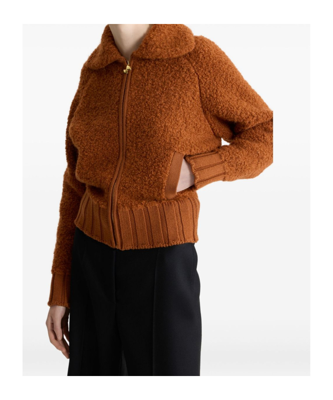 Patou Textured Jacket With Ribbed Cuffs And Hem In Brown