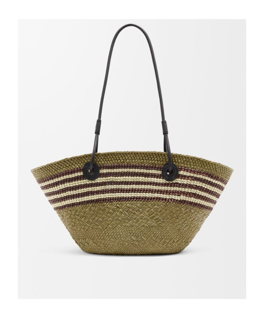 Loewe Anagram Stripes Small Basket In Iraca Palm And Calfskin