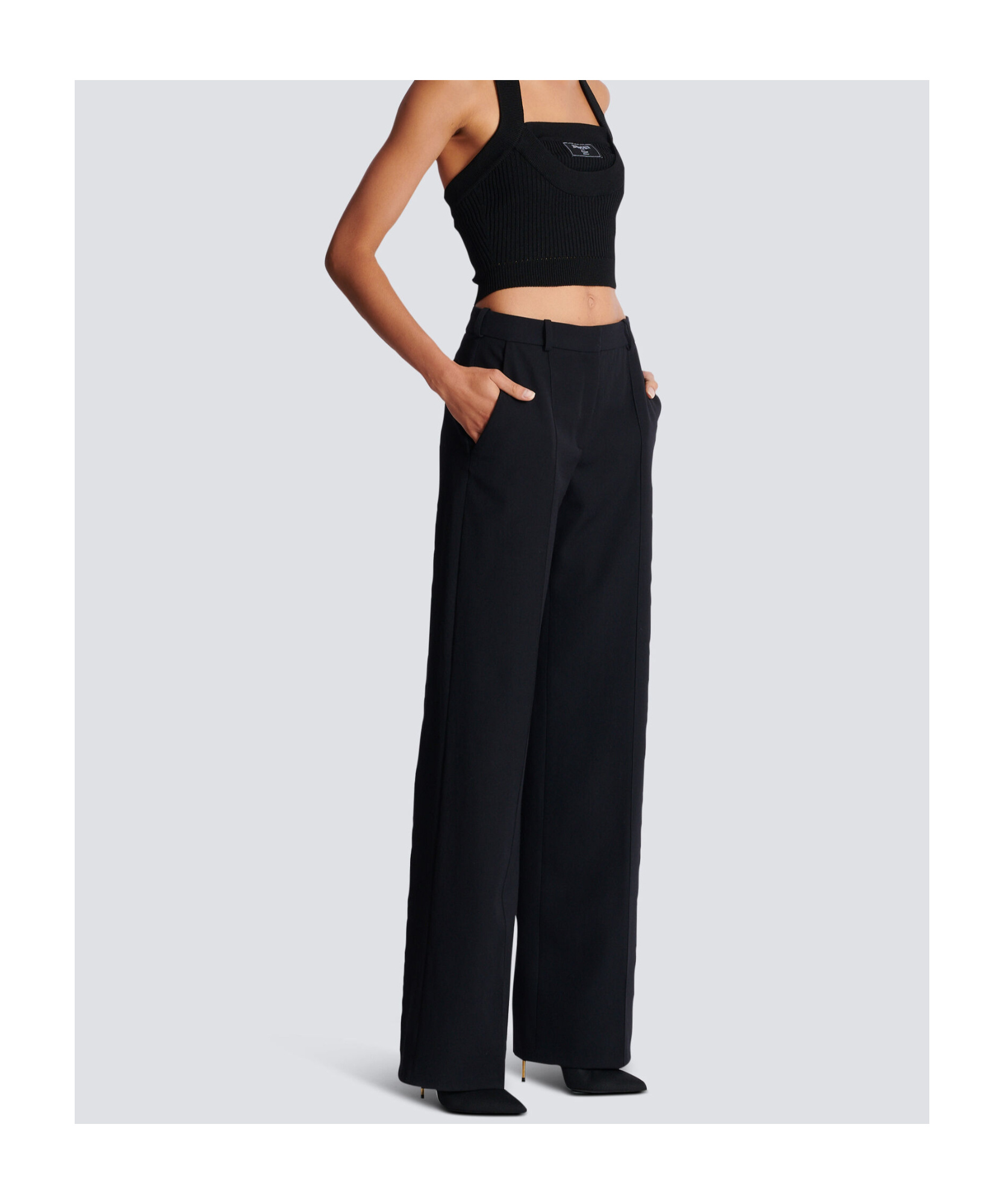 Balmain Wool Trousers With Front Pleats And Wide Leg In Black