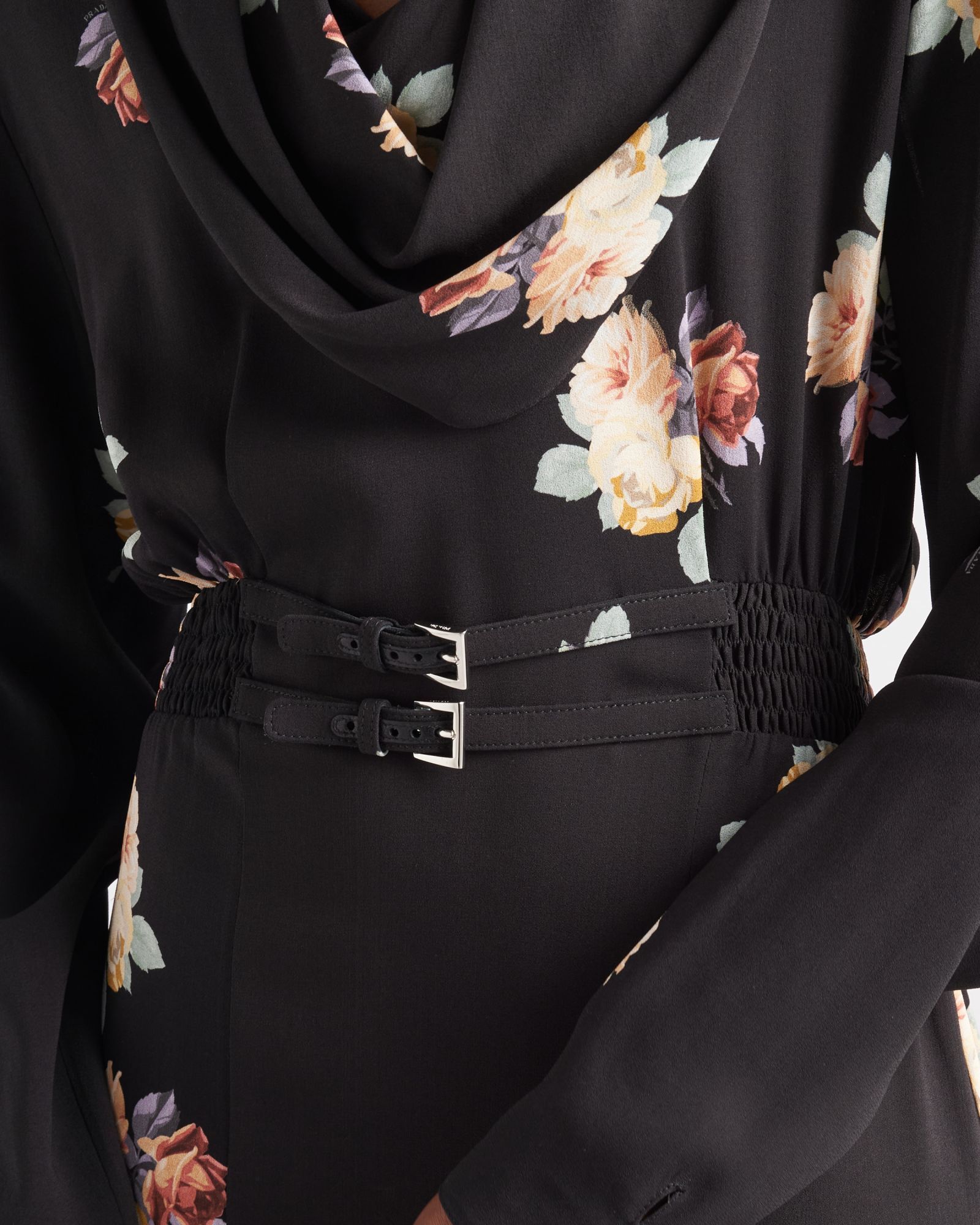 Prada Floral Cowl-neck Leather Belted Midi Dress In Black