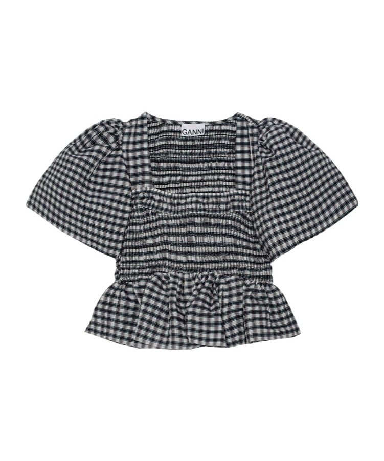 GANNI SEERSUCKER CHECK OPEN-NECK SMOCK BLOUSE