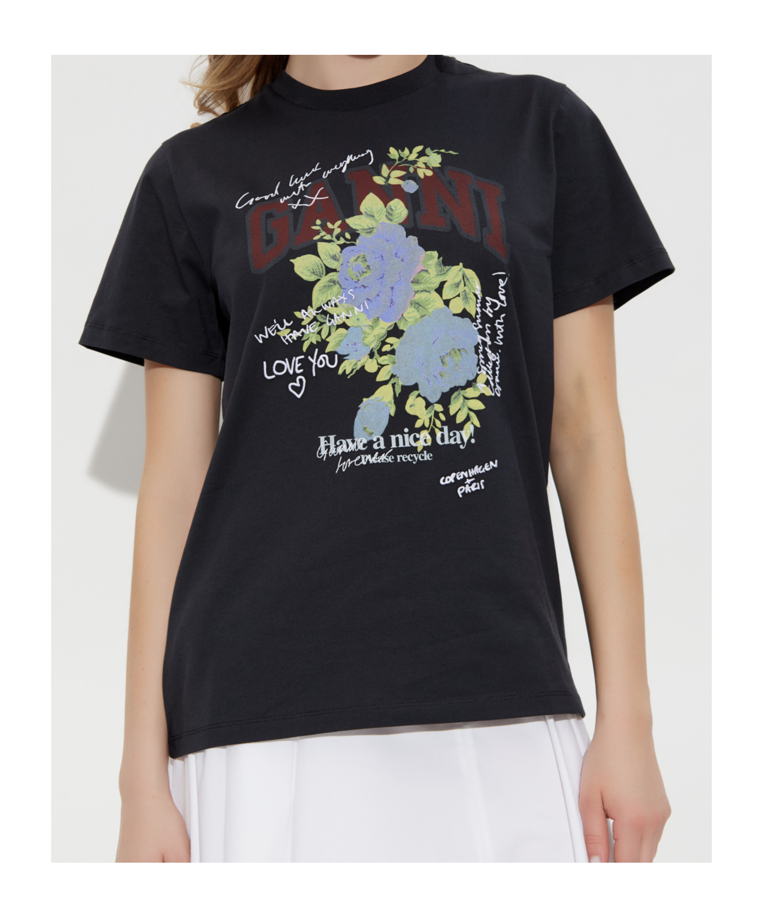 Ganni Graphic Print Crew Neck Short Sleeve Top In Black