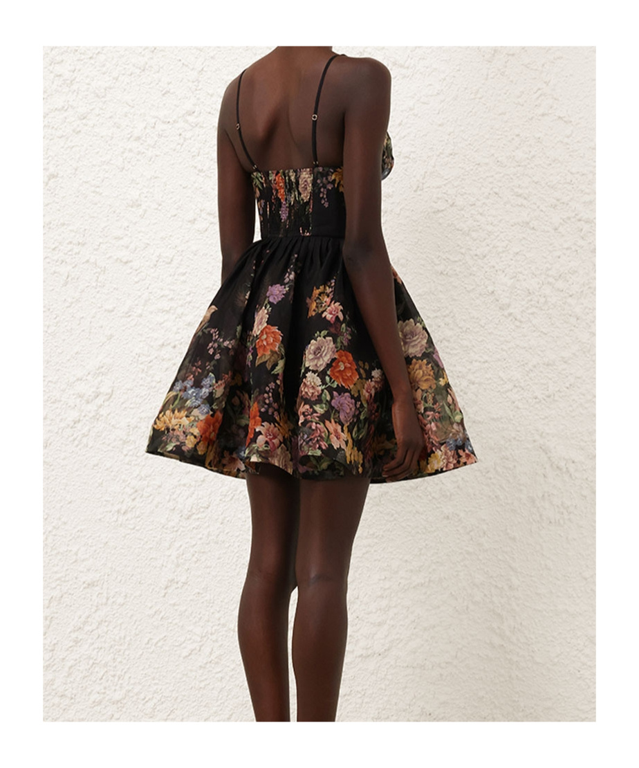 Zimmermann Pavilion Pleated Floral-print Linen And Silk-blend Mini Dress In Black