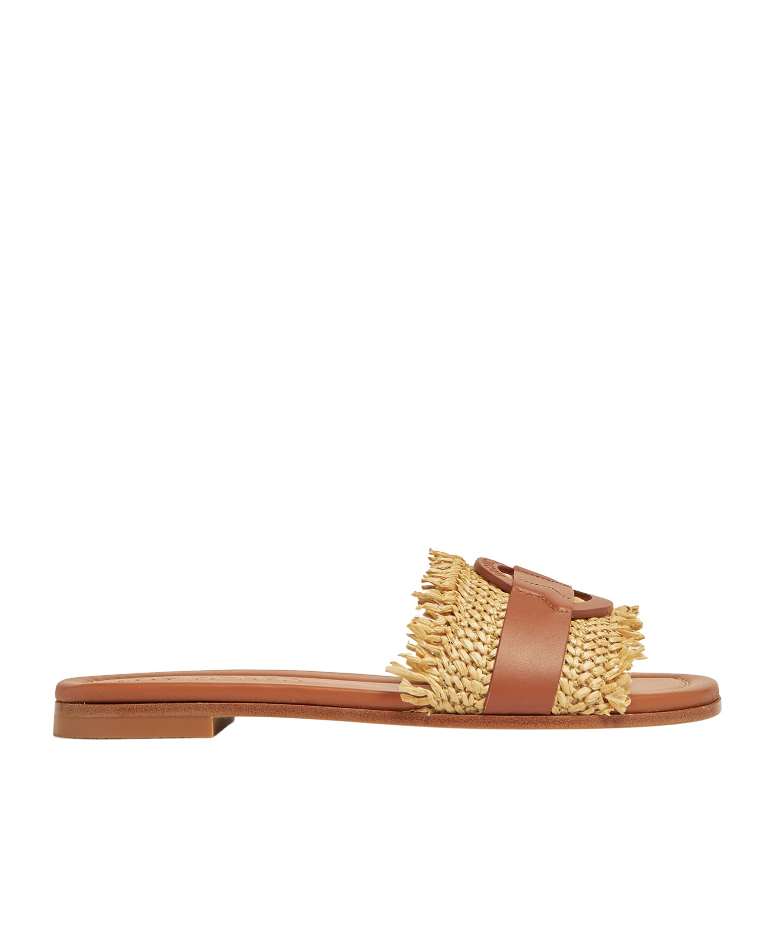 Moncler Bell Raffia  Leather Sliders In Brown