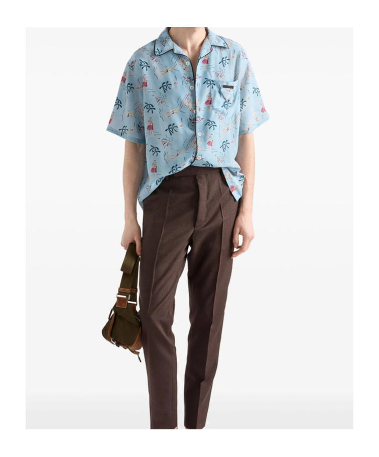Prada Satin Shirt With Printed Design And Pocket In Blue