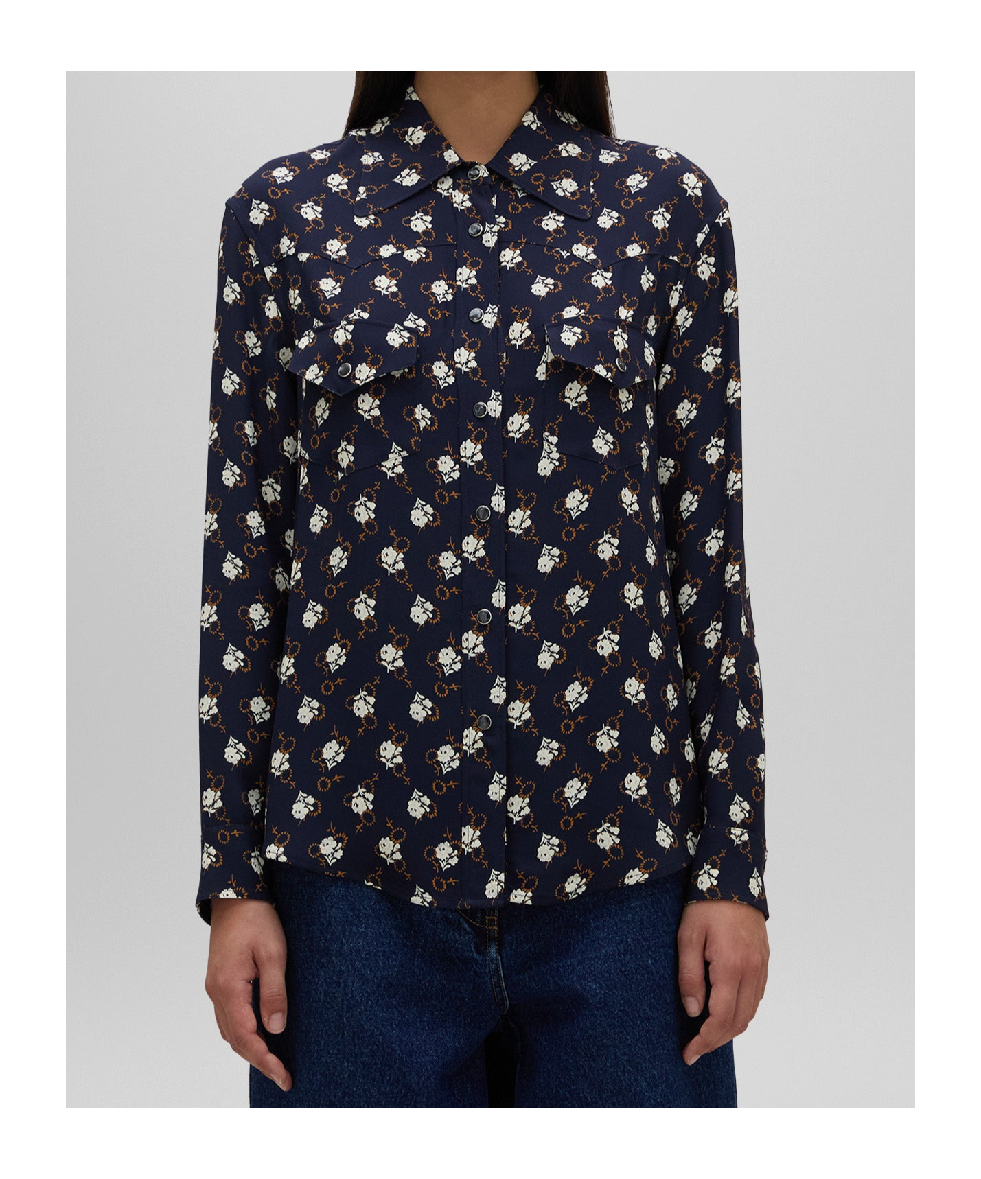 Aspesi Floral-print Viscose Crepe Blouse With Pleated Back In Black