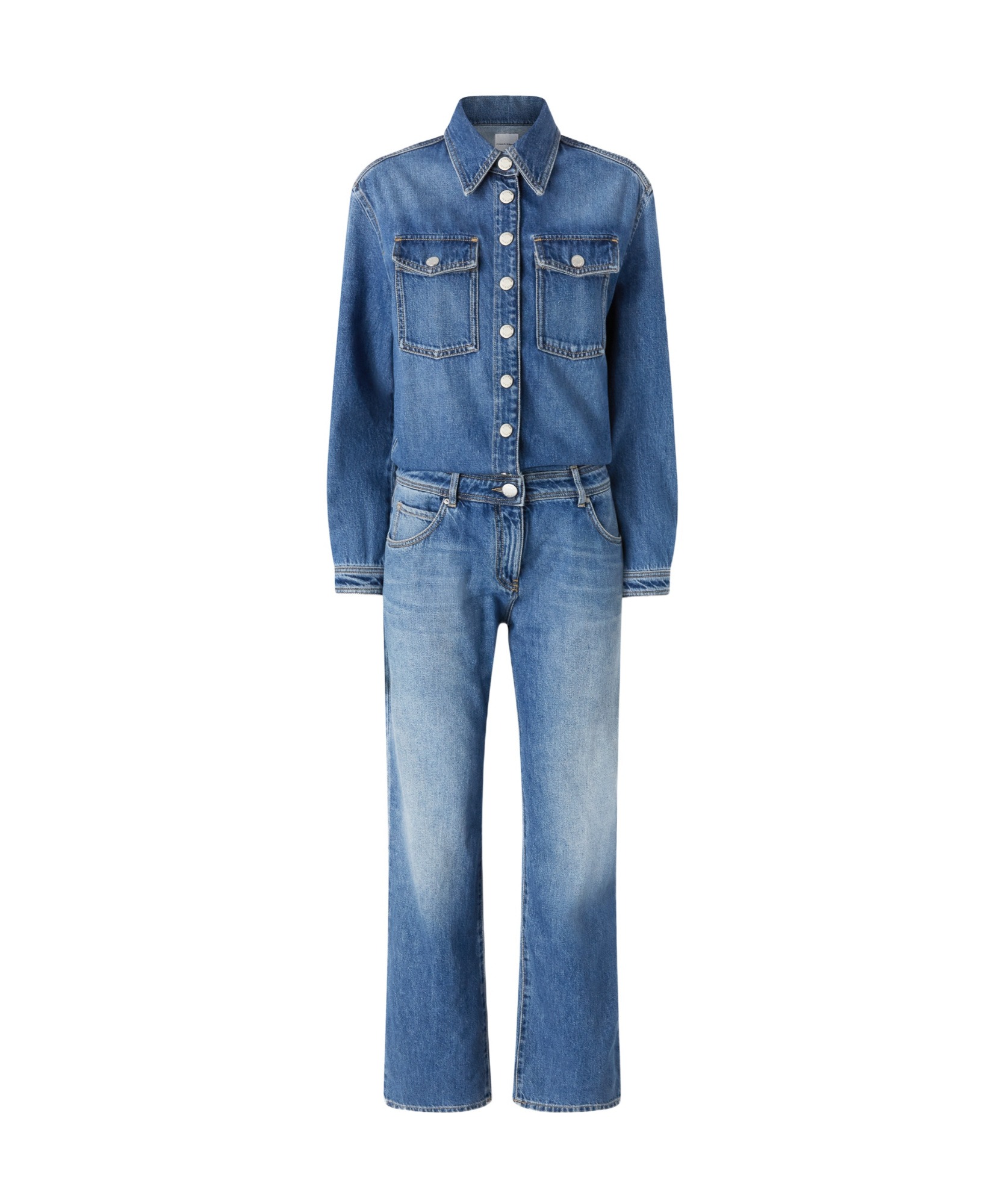 Pinko Button-down Denim Jumpsuit With Classic Pocket Design In Blue
