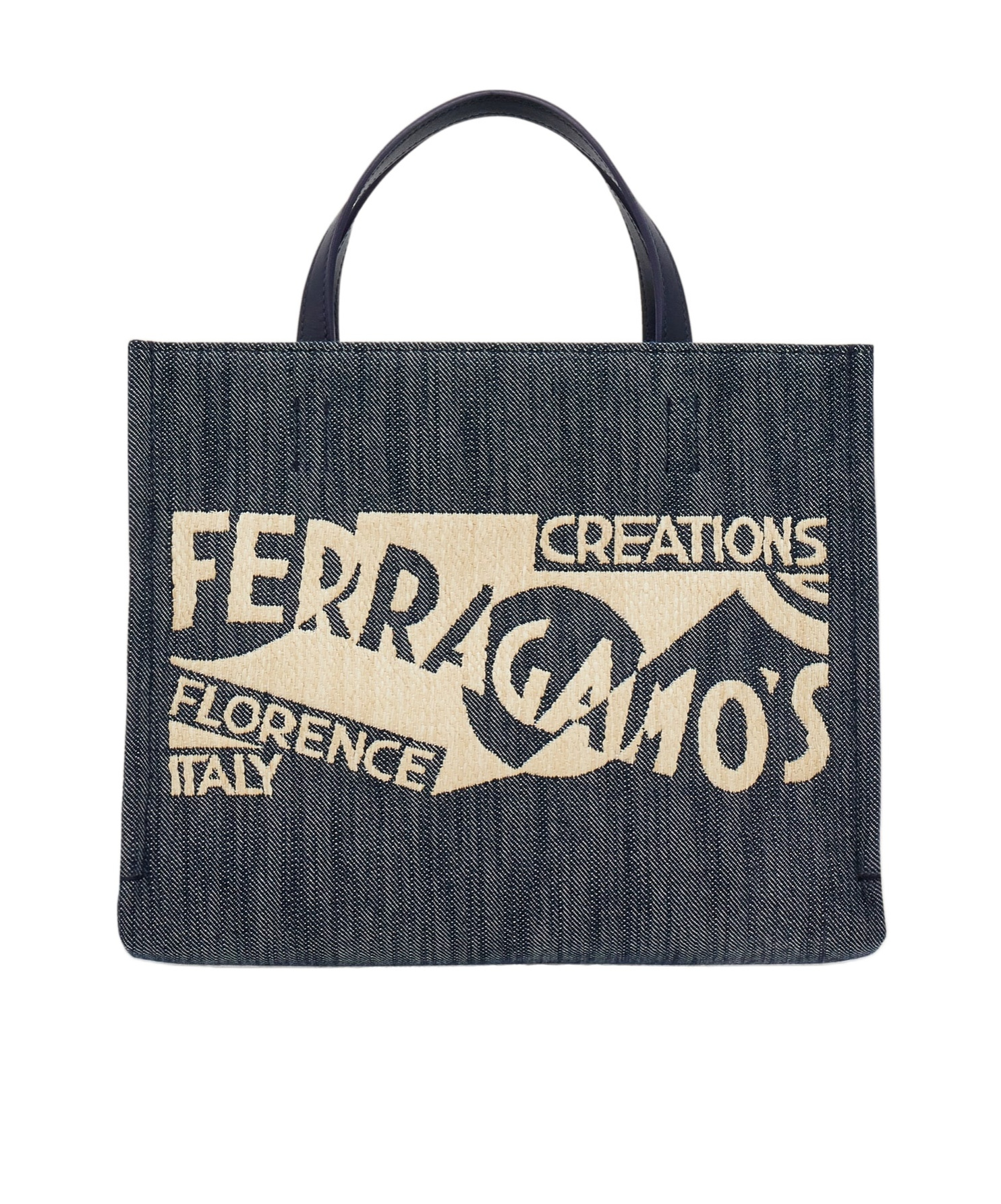 Ferragamo Blue Denim Large Tt Sign Shopping Bag In Black